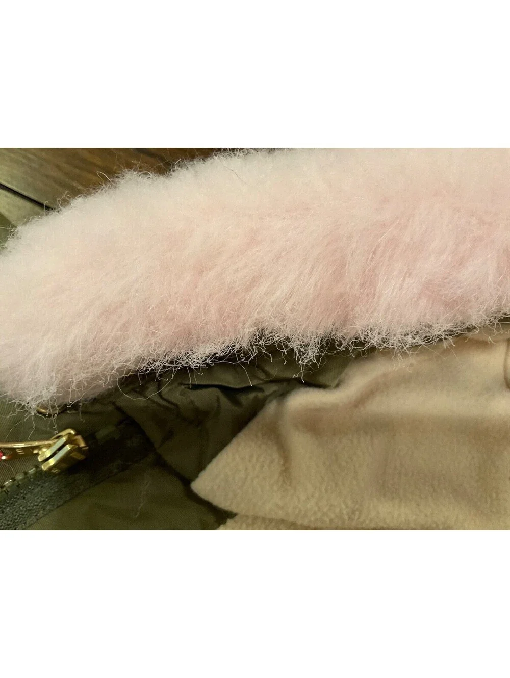 J. Crew Crewcuts Girls Fishtail Parka Olive Green Pink Faux-Fur Trim Sz3